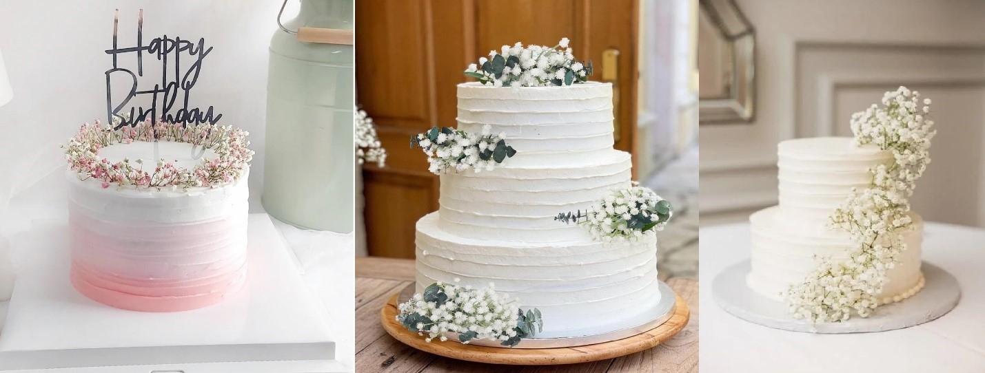 تزیین کیک با گل عروس و ژیپسوفیلا مینیمال