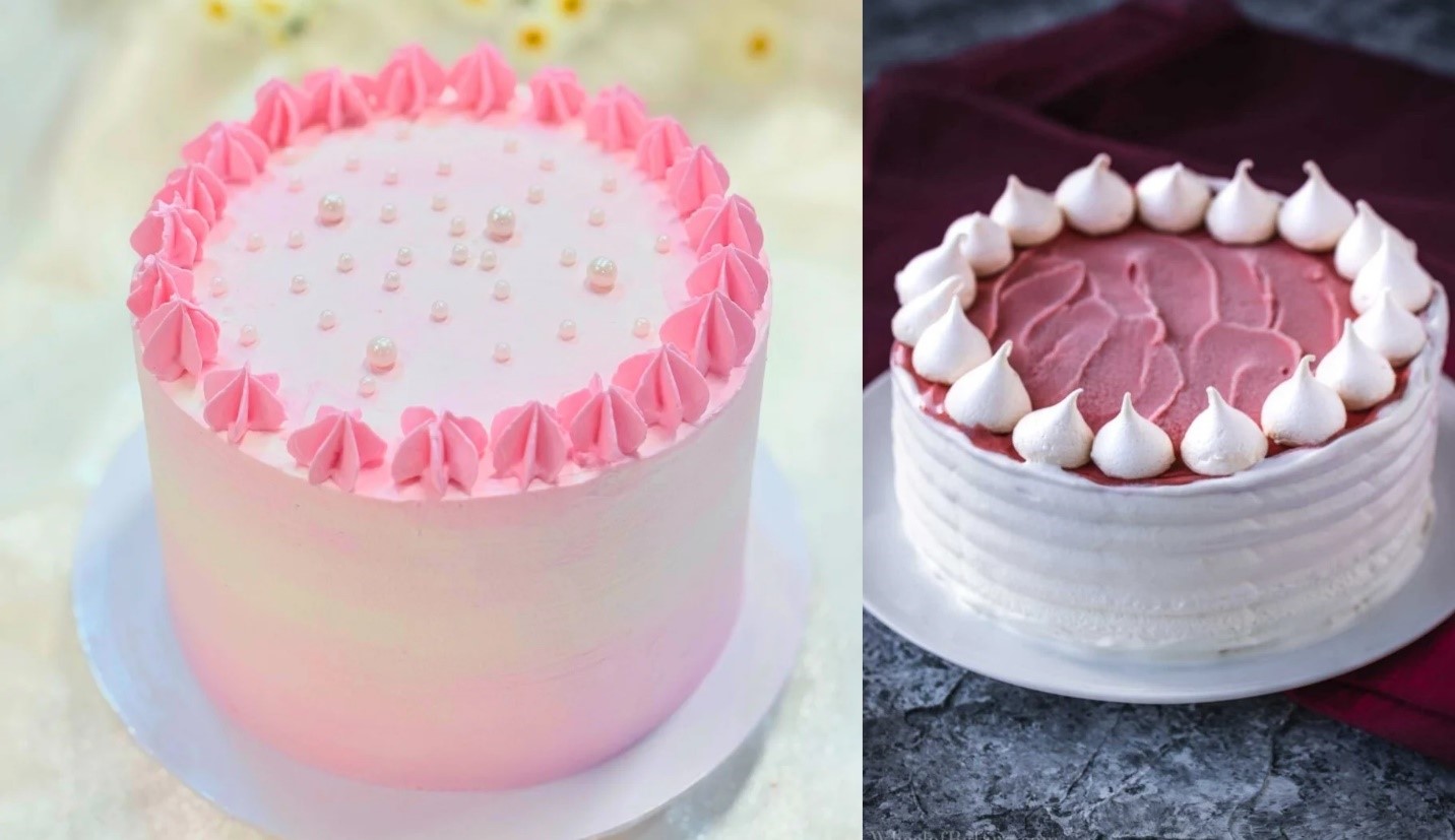 تزیین کیک با خامه سفید و گلهای رنگی ساده