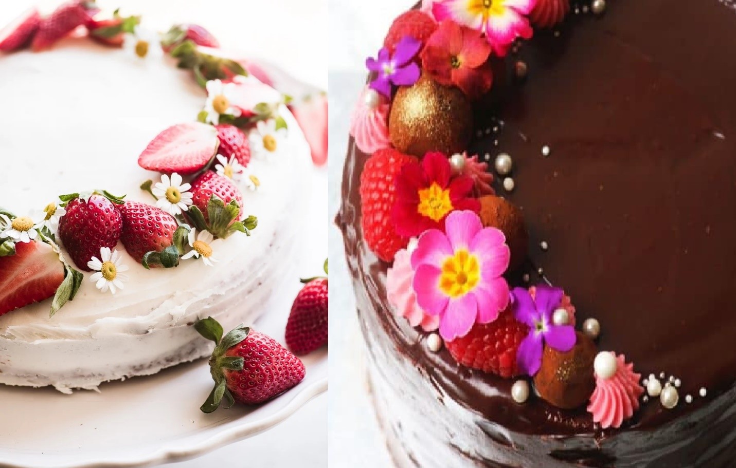  کیک با گل و توت فرنگی